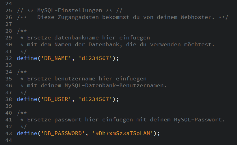 Das Bild zeigt einen Ausschnitt der Datei wp-config-sample.php. In Zeile 32, 38 und 43 werden die Änderungen vorgenommen.