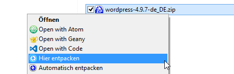 Das Bild zeigt ein FlyOut-Menü nach einem Rechtsklick auf die heruntergeladene Zip-Datei auf einem Rechner, indem der Befehl "Hier entpacken" gewählt wird.