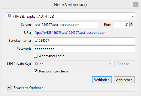 Auf dem Bild wird ein Fenster namens Neue Verbindung angezeigt. Zunächst kann in einem DropDown-Menü die Server-Verbindung ausgewählt werden. Danach kann die URL des Servers, der Benutzername und das Passwort eingegeben werden. Im unteren Abschnitt des Bildes wird die Schaltfläche Verbinden angezeigt.