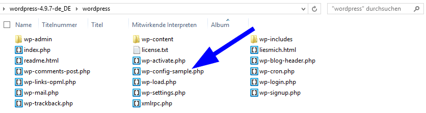 Das Bild zeigt das Verzeichnis namens wordpress mit verschiedenen PHP-Dateien und den drei Ordnern wp-admin, wp-content und wp-includes.